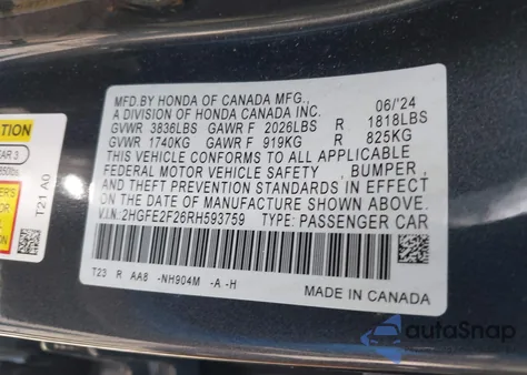 2024 Honda Civic Lx из США, поврежденный, VIN 2HGFE2F26RH593759